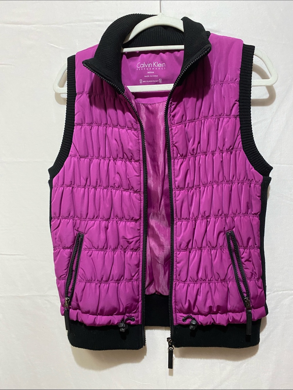 Calvin Klein Magenta Quilted Sleeveless Puffer Vest with Black Trim